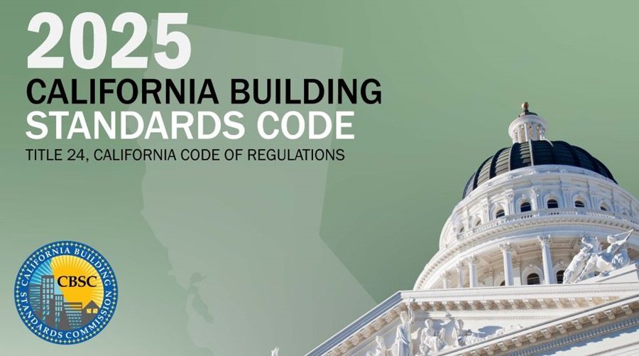 Cover of the 2025 California Building Standards Code, featuring the state capitol dome, state outline, and California Building Standards Commission seal.