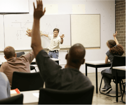 Meeting room with a white board and participants raising their hands.
