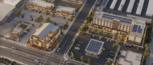 community plan showing the street, parking areas, and several buildings