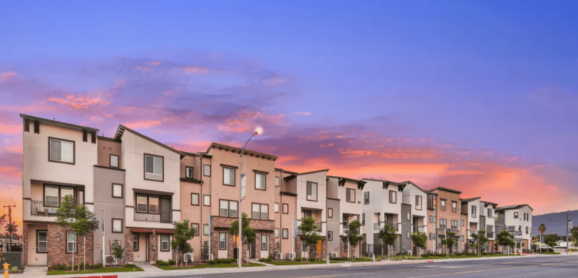 Townhomes along road in the suburbs.
